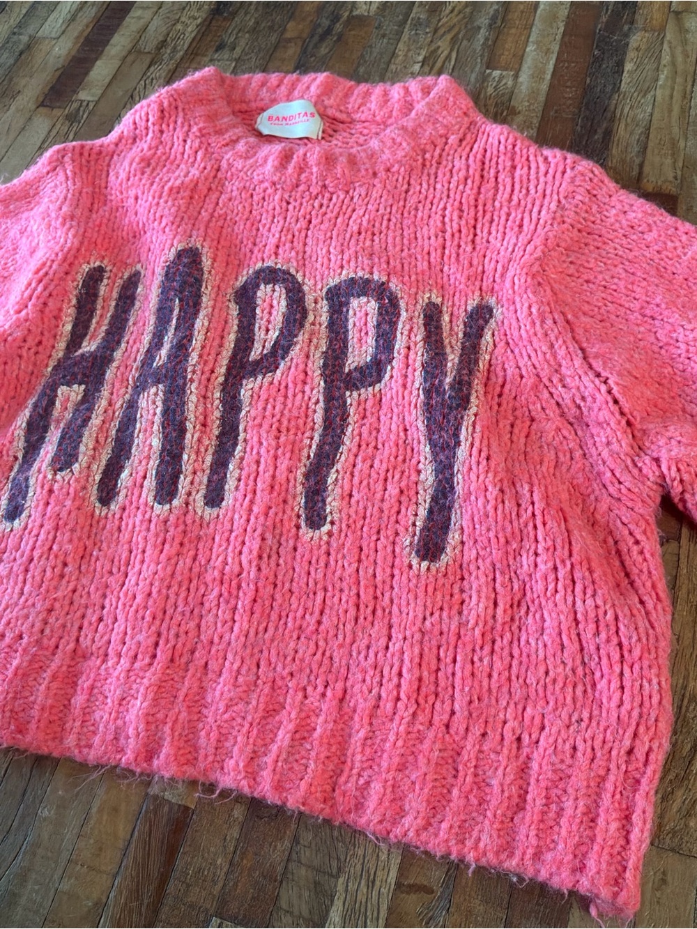 Happy Graphic Cropped Crewneck Sweater - Pink
